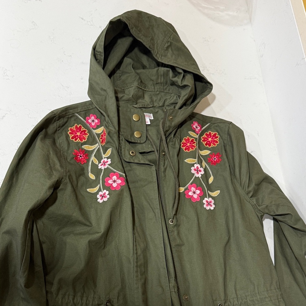 Xhilaration Olive Utility Jacket with Floral Embroidery